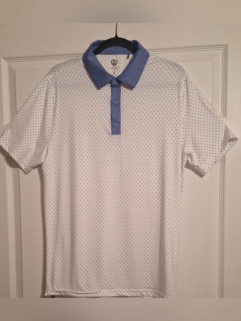 Graham Luxe Polo Shirt Mens Medium Blue Geometric Short Sleeve Performance Golf